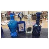 3 BLUE GLASS DECANTERS & 1 CLEAR GLASS DECANTER