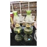 PAIR OF ANTQ. GREEN GLASS OIL LAMPS W/HURR. SHADES
