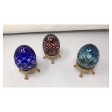 (3) VNTG CUT GLASS EGGS ON STANDS
