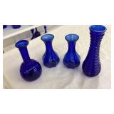 4 COBALT BLUE GLASS BUD VASES