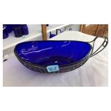 VNTG. COBALT BLUE GLASS BOWL IN SILVERPLATE HOLDER