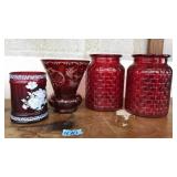 4 RED GLASS VASES