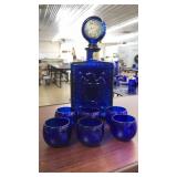 COBALT BLUE GLASS AMERICAN LEGION DECANTER & CUPS