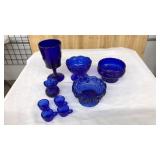 LOT OF COBALT BLUE GLASS BOWLS, SMALL CUPS, VASE