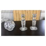 PAIR OF CUT CRYSTAL CANDLESTICKS & VOTIVE