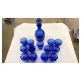COBALT BLUE GLASS DECANTER & ANCHOR HOCKING CUPS