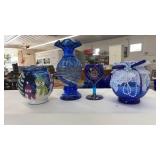 LOT OF HAND PAINTED BLUE GLASS VASES