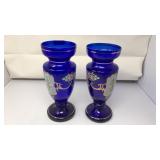 VNTG. COBALT BLUE GLASS HAND PAINTED VASES