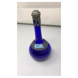 VNTG. COBALT BLUE DECANTER W/ORNANTE METAL CASING