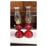 PAIR OF ANTQ. RED GLASS OIL LAMPS