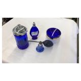 LOT OF VNTG COBALT BLUE VANITY ACCESSORIES