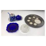 COBALT BLUE GLASS SERVINGWARE & SILVERPLATE TRAY