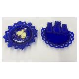 2 COBALT BLUE GLASS COLLECTOR PLATES: OWLS & DUCKS