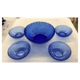 VNTG. COBALT BLUE RIBBED GLASS BOWLS: LRG & SMALL
