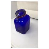 VNTG. COBALT BLUE GLASS "FAMILY GROCERY" JAR W/LID