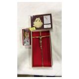 2 CHRISTMAS ORNAMENTS & BRASS WALL CRUCIFIX