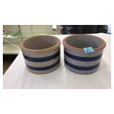 PAIR OF VINTAGE BLUE BANDED STONEWARE CROCKS