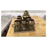 ETCHED BRASS GOBLETS, URN VASE, & TRAY