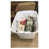 BOX OF ASST KITCHEN TOWELS, DISH RACK & HOUSEHOLD