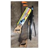 LOT OF ASST HAND TOOLS: SAWS, CLAMPS, LEVEL