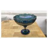 BLUE CARNIVAL GLASS PEDESTAL COMPOTE