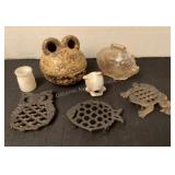 Vintage iron trivets, pig bank, frog covered