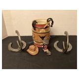 Iron horseshoe hooks, Happy Trails canister, S&P