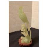 Jade carved bird on wood base, 7 1/2'