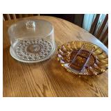 Vintage cake plate & amber glass egg tray