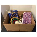 Box of yarn, knitting/crochet needles, hoops &