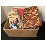 Box of sewing notions, patterns, fabric & more