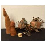 Cypress knees, metal owls, bell, metal horse &