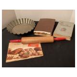 Vintage cookbooks, rolling pin & pan