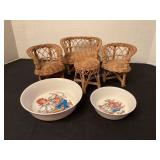 Wicker doll furniture & 1969 kids plates