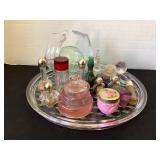 12' Fostoria Plate, perfume bottles, basket,