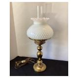 Brass lamp with milk glass shade, 21' tall, works