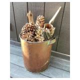 Copper pail, 13x15' tall, pine cones & wood