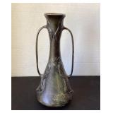 Art Nouveau twin handled metal vase, 12' tall