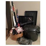 Umbrellas, cheese box, dolls, canner & more