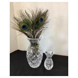 4 & 7' Waterford Vases & Peacock Feathers