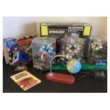 Rubiks, globe lamp, flying saucer, games & more