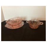 3 pink depression glass dishes