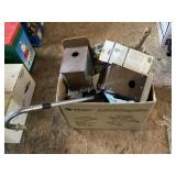 Box of gardening essentials & bird houses