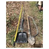 Long Reach fiberglass handle, shovels, rake &