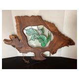 Fish stained glass in tree slice frame