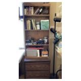 Bookshelf, lamp, nightstand & contents