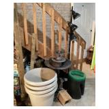 Large flower pots, plastic birdbath, jug & lamp