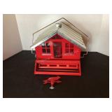 Red metal bird feeders, 10 1/2x11x10"
