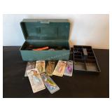 12 1/2" plastic tool box, new lures & misc. tools
