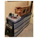 3 drawer organizers, stool, shelf in box & misc.